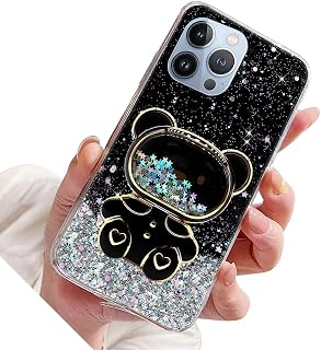 Miagon Bear - Funda protectora con purpurina para iPhone 14 Pro Max, funda protectora delgada a prueba de golpes con soporte de espejo, color negro
