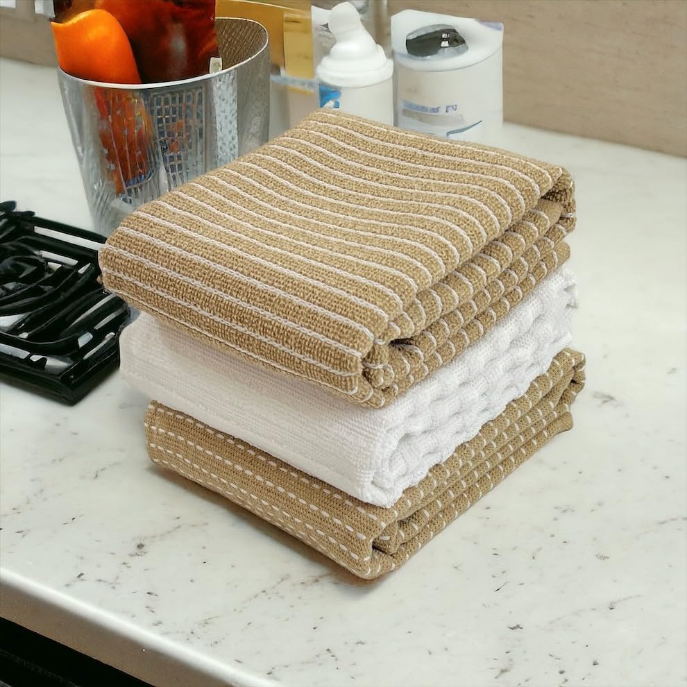 Miniatura 3 de Toallas de cocina blancas de gran tamaño 100% algodón, suave, absorbente, surtido de rizo acanalado, juego de 4 multiusos para uso diario (beige