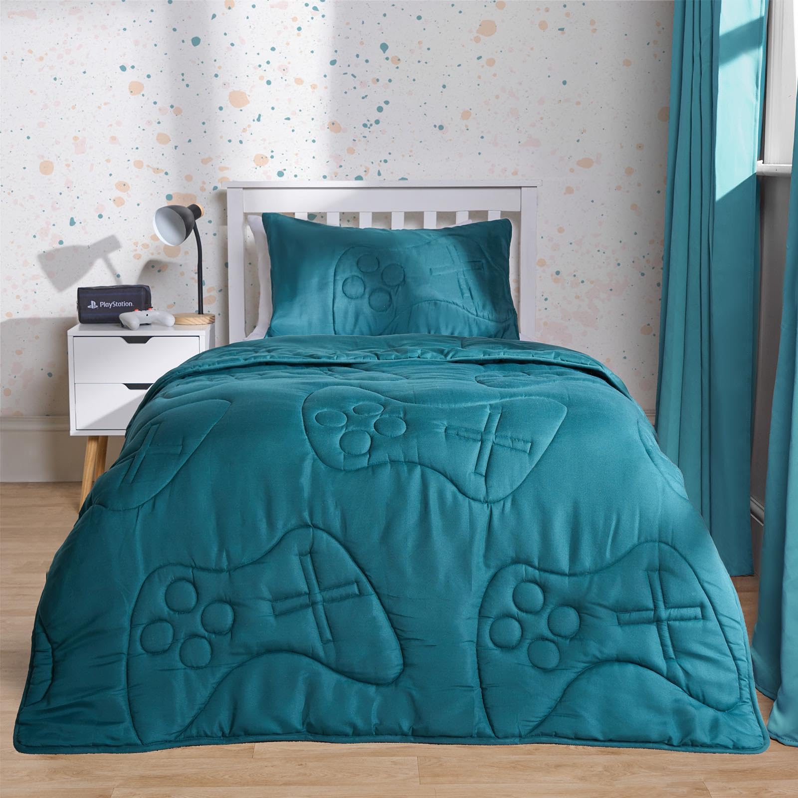 Ohs Teal - Gaming 7.5 Tog Coverless Double Duvet, Soft Warm Microfibre Gaming Quilted Design Lightweight Summer Duvets Comfort Washable Double Bed Duvet & Pillowcase - Teal
