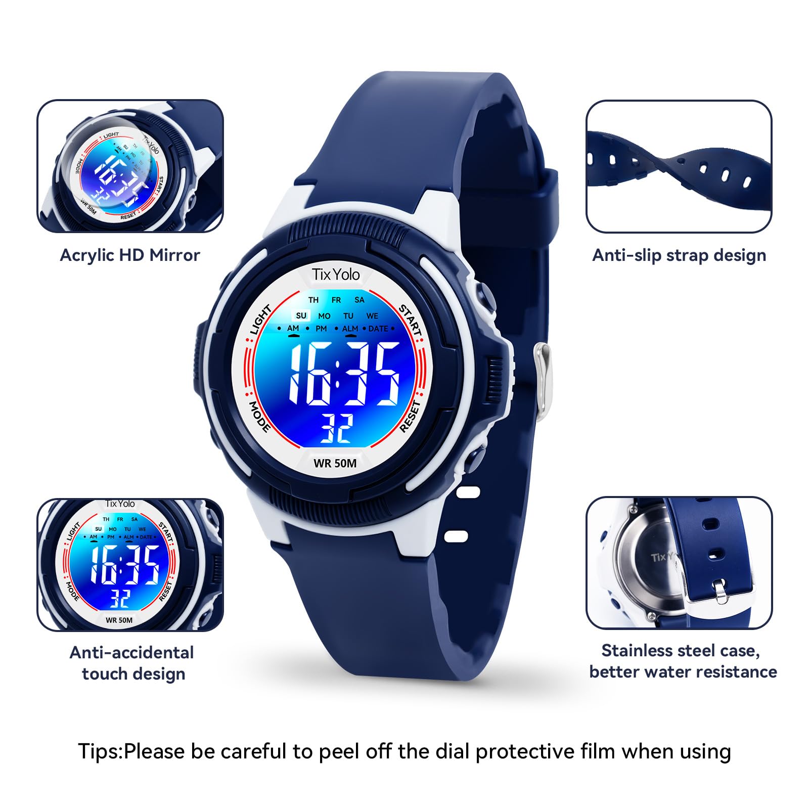 TixYolo Digital Kids Watch with 7 Color Lights 50M Waterproof,Alarm,Stopwatch,Soft Strap,Children Gifts Sports Watch for Boys Girls 5-12 Years(Darkblue)