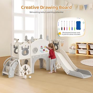 11-in-1 Toddler Activity Centre,Kids Slide with Climbing Frame & Basketball Hoop Golf, ASTM Certified Indoor Outdoor Play Equipment for Kids (Elk Beige-Gray)