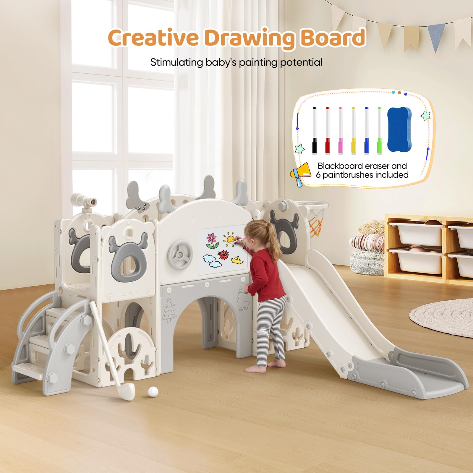 Tobogán 7 en 1 para niños pequeños, tobogán con temática de Alce navideño y Juego de Golf, tobogán para bebés de 1 a 3 años (Beige Gris- 7 en 1)