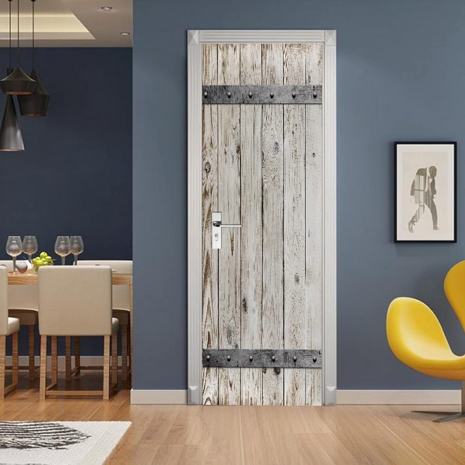 A.Monamour 3D Door Stickers for Interior Doors Wood with Metal Texture Background Vinyl Removable Self Adhesive Door Poster Wallpaper Mural Decals for Bedroom Office Bathroom 95x215cm