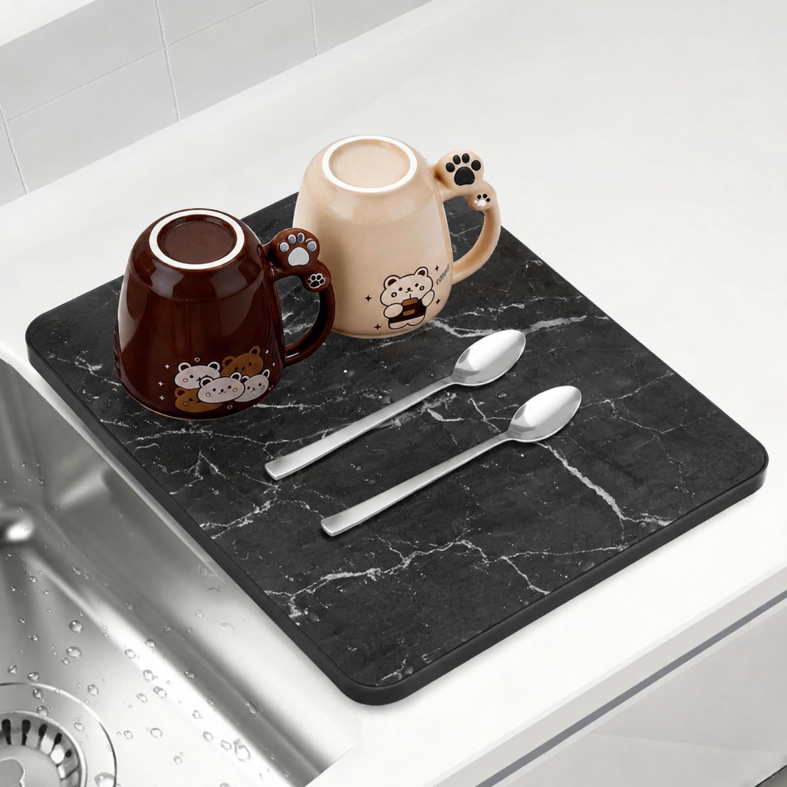 Drydiet Abtropfmatte für Küchentheke, Abtropfmatte, 30 x 48 cm, schnell trocknend, Kieselgur-Abtropfmatten für Kaffeemaschine, schwarzer Marmor, 2 Stück