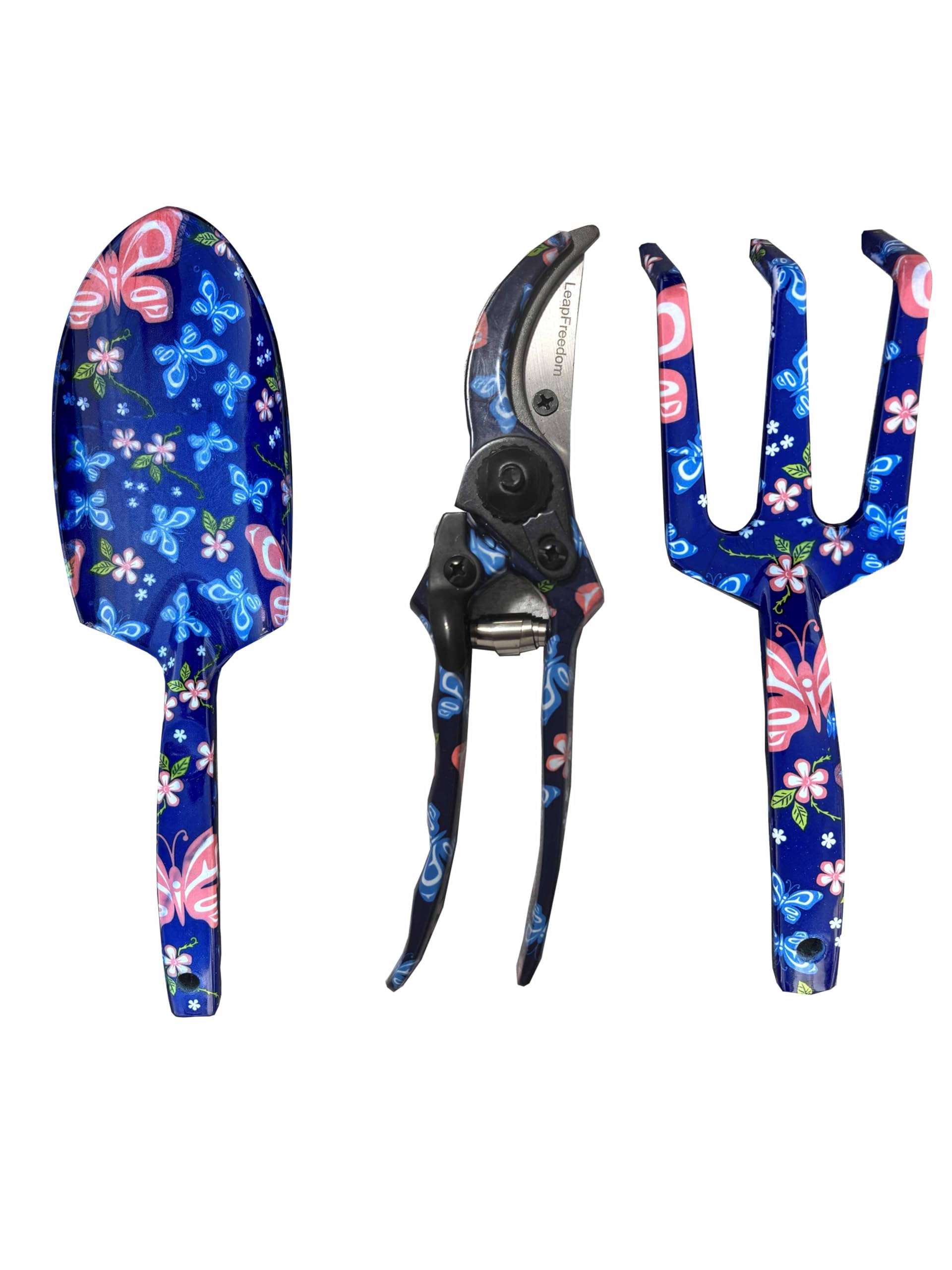 LeapFreedom Gartenschere, große Erdschaufel, Erdharke, Gartenarbeit täglich Lockerung und Beschneidung, rutschfest und langlebig, Geschenk für Männer und Frauen (3 PCS Tool) (Blaue Blume)