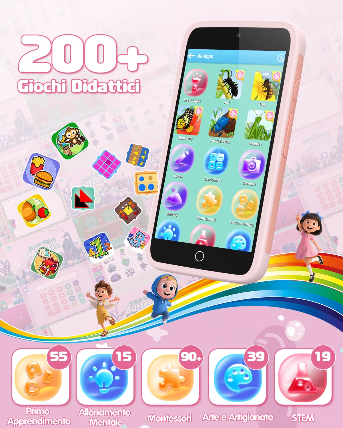 Telefono Giocattolo per Bambini, 3.97" Cellulare per Bambini 3 4 5 6 7 8 9 10 11 12 Anni con 200+ Giochi, Doppia Fotocamera, Controllo Parentale, Telecamera, Musicale, Regalo di Compleanno Natale