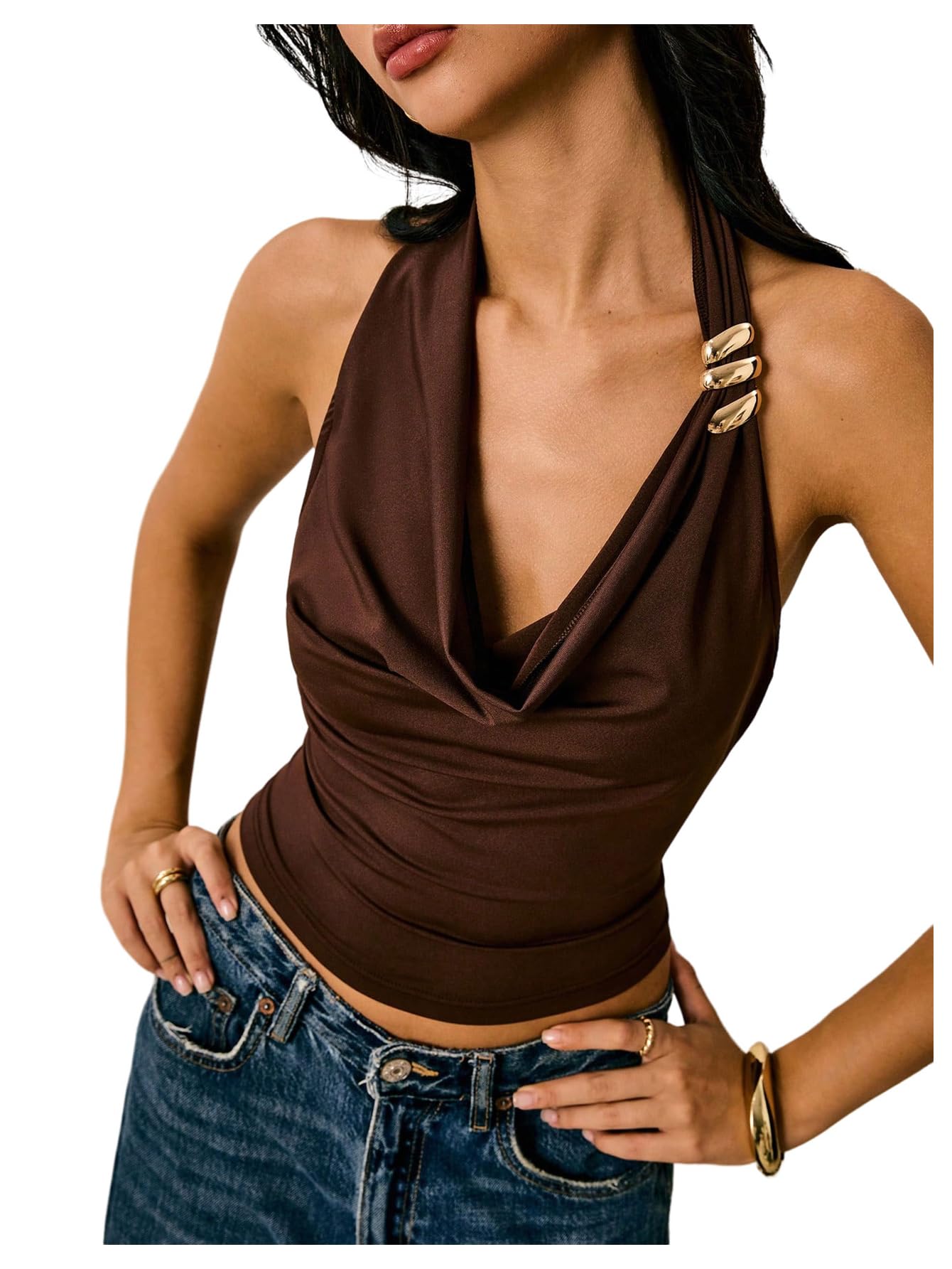 Women's Halter Crop Top Cowl Neck Open Back Fitted Tank Shirts Summer Going Out Outfits