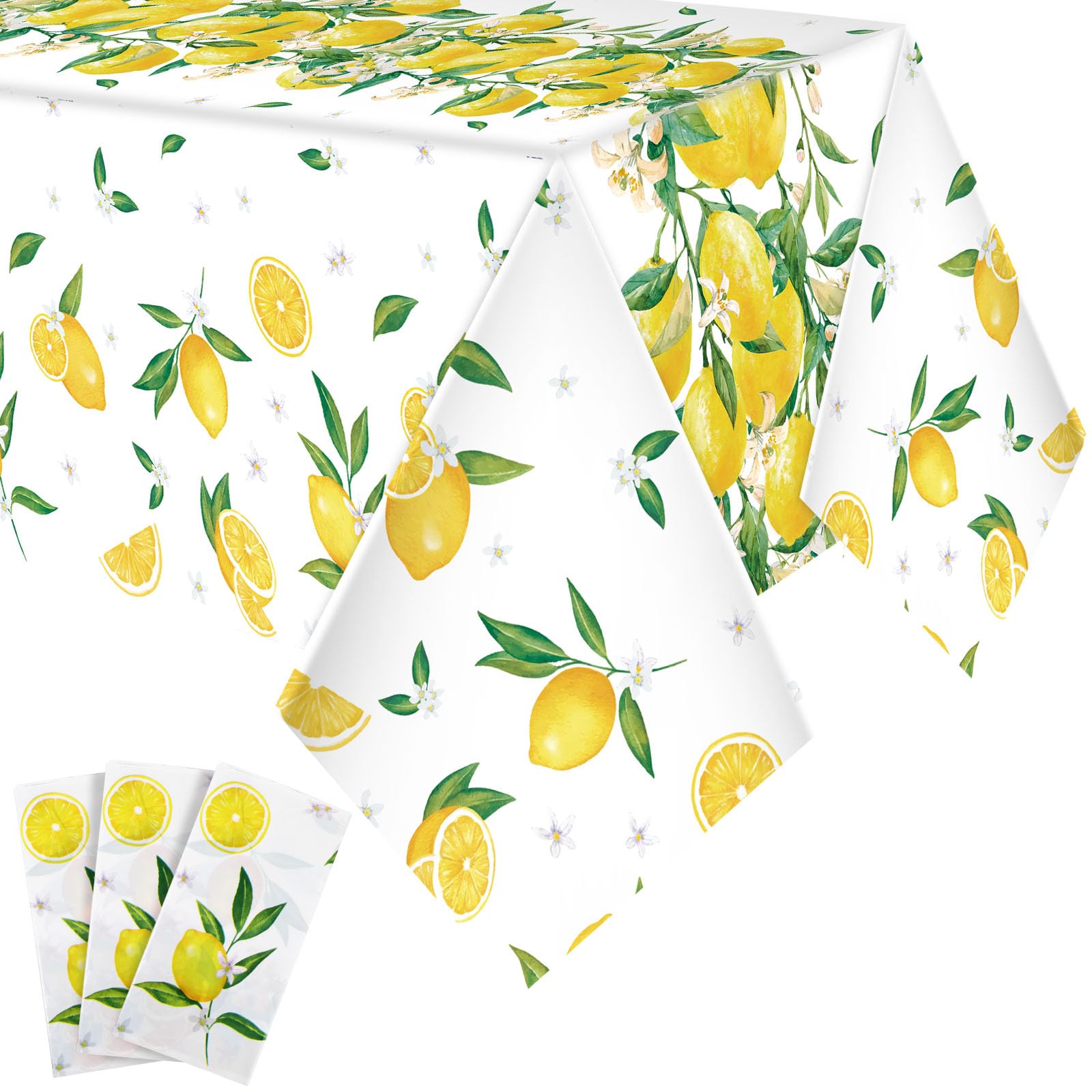 Peryiter 3 Pcs Lemon Tablecloths Plastic Yellow Table Covers 54 x 108 Inch Disposable Rectangular Lemonade Table Cloth for Spring Summer Wedding Lemon