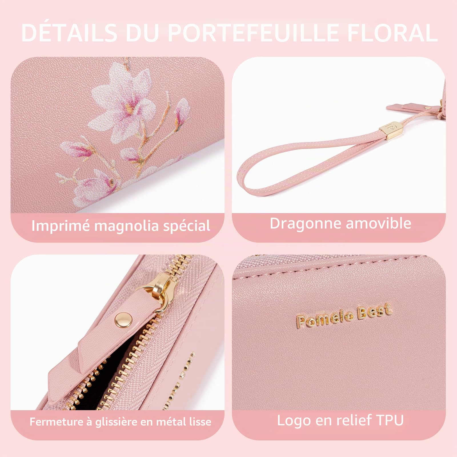 Pomelo Best Portefeuilles Femme en Cuir PU Porte Monnaie Zippé Téléphone Portabe en Fleur Primé avec Courroie de Poignet - RFID Blocage Cadeaux pour Femmes Filles