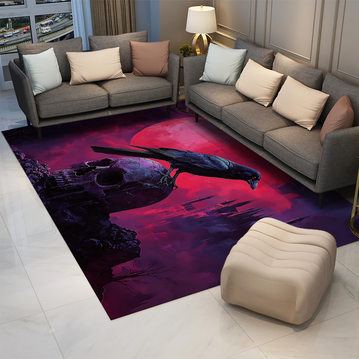 Dywaniki o wymiarach 140 x 180 cm, gotycki kruk i czaszka, można prać