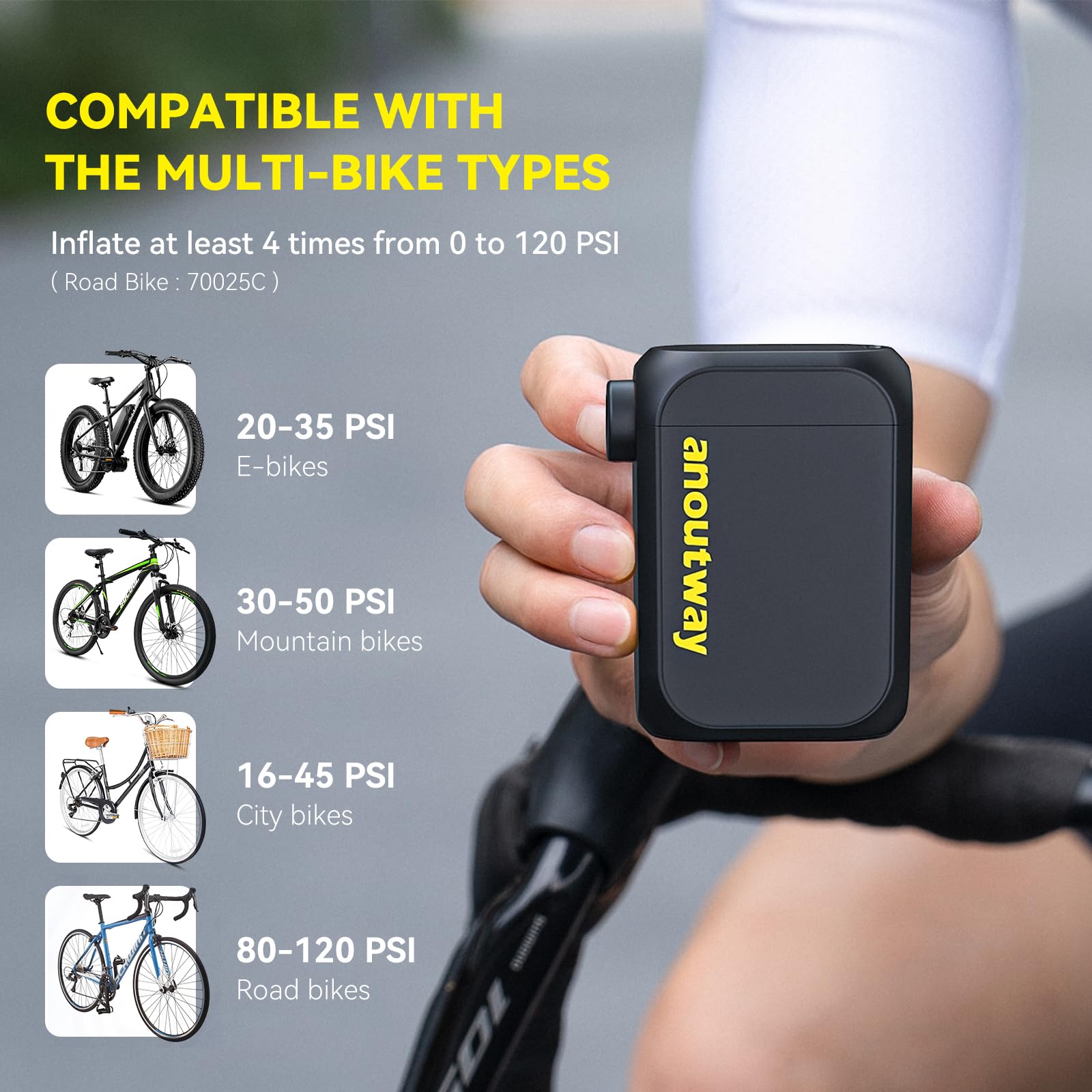 Tiny - Bomba de aire eléctrica recargable AT1 MAX, máximo 120 PSI, parada automática, compatible con válvulas Presta y Schrader, para bicicleta de carretera y montaña