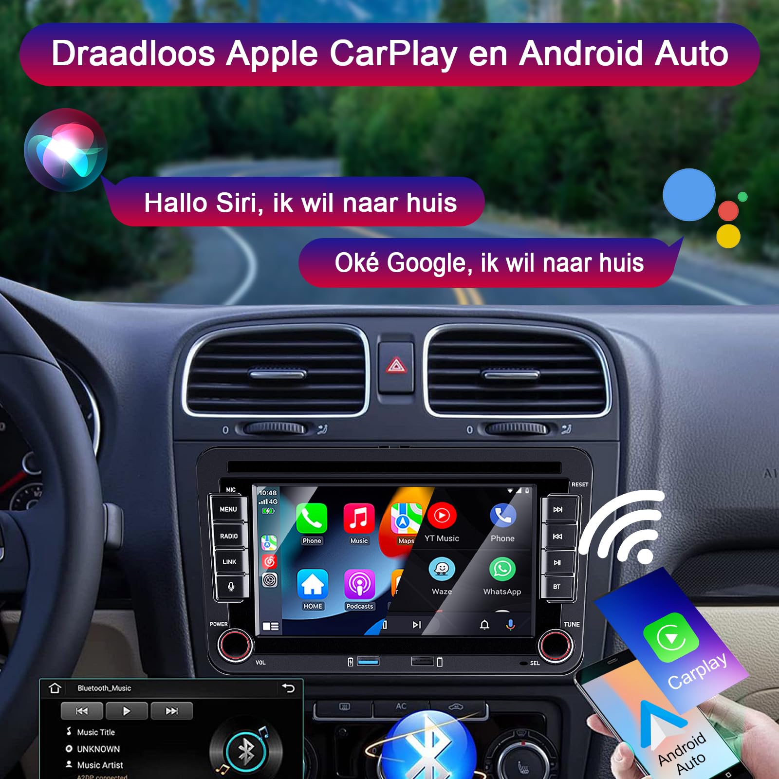 Adecuado para VW Golf 5/6, Polo, T5, Toucan, Skoda, Passat, Jetta, Caddy, CC, Touran. Autoradio 7" táctil con CarPlay/Android Auto, Bluetooth/FM/USB/Am/DSP/RDS y Alta Potencia.