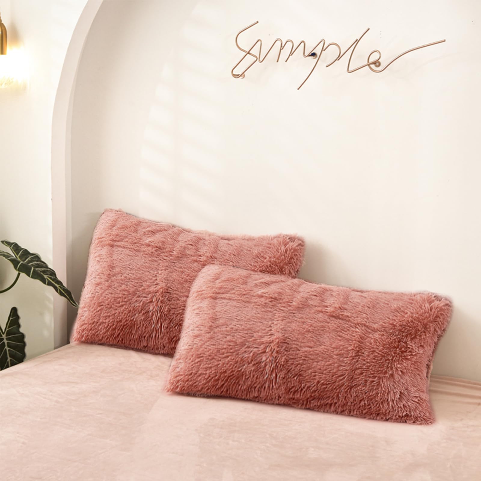 MorroMorn Shaggy Pillow Cases, Long Faux Fur Pillow Shams, Soft Furry Decor (Blush, Standard)