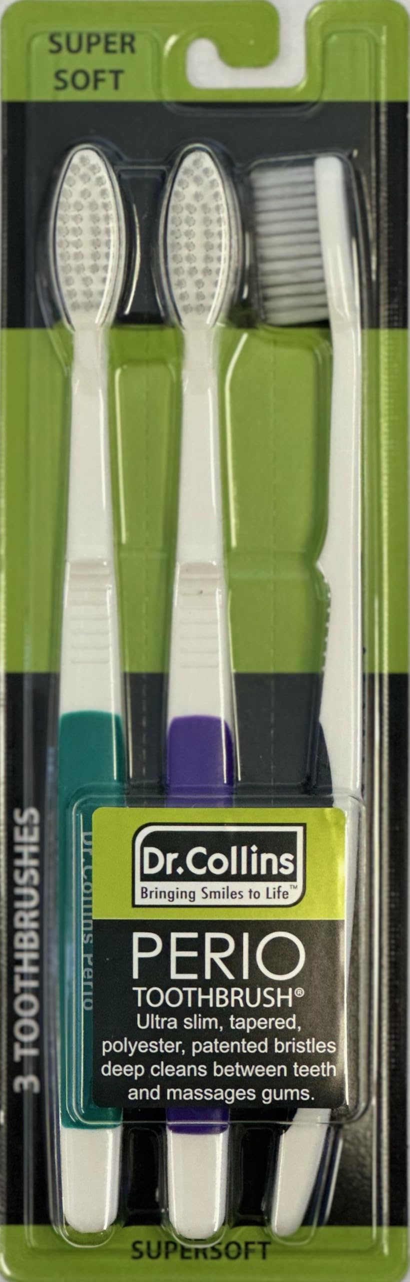 Dr. Collins Perio Toothbrush, (colors vary) 3 Count (Pack of 1)