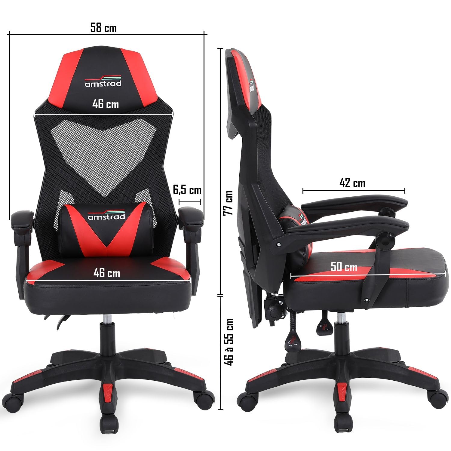 Sedia Gaming 02-RED, Rete Traspirante, Schienale Reclinabile 135°, Cuscino Lombare, Nero e Rosso