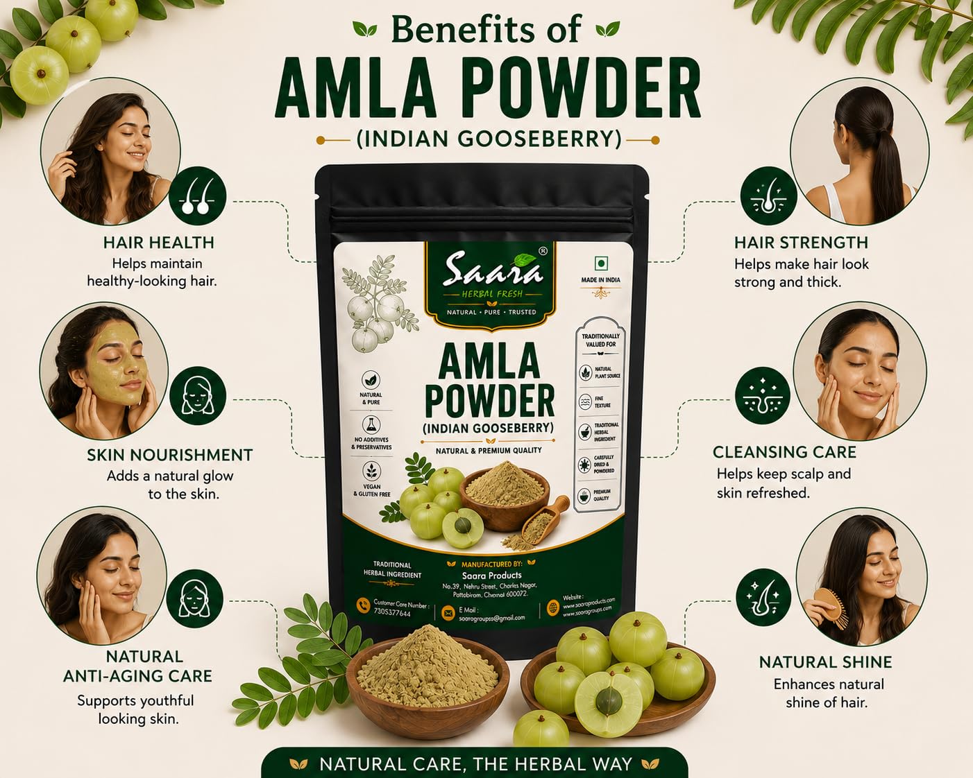 Saara HERBAL FRESH Amla Powder,201g, Nellikai, Amalaki, Emblika Officinalis, Indian Gooseberry Powder (pack of 2 x 101g) 1