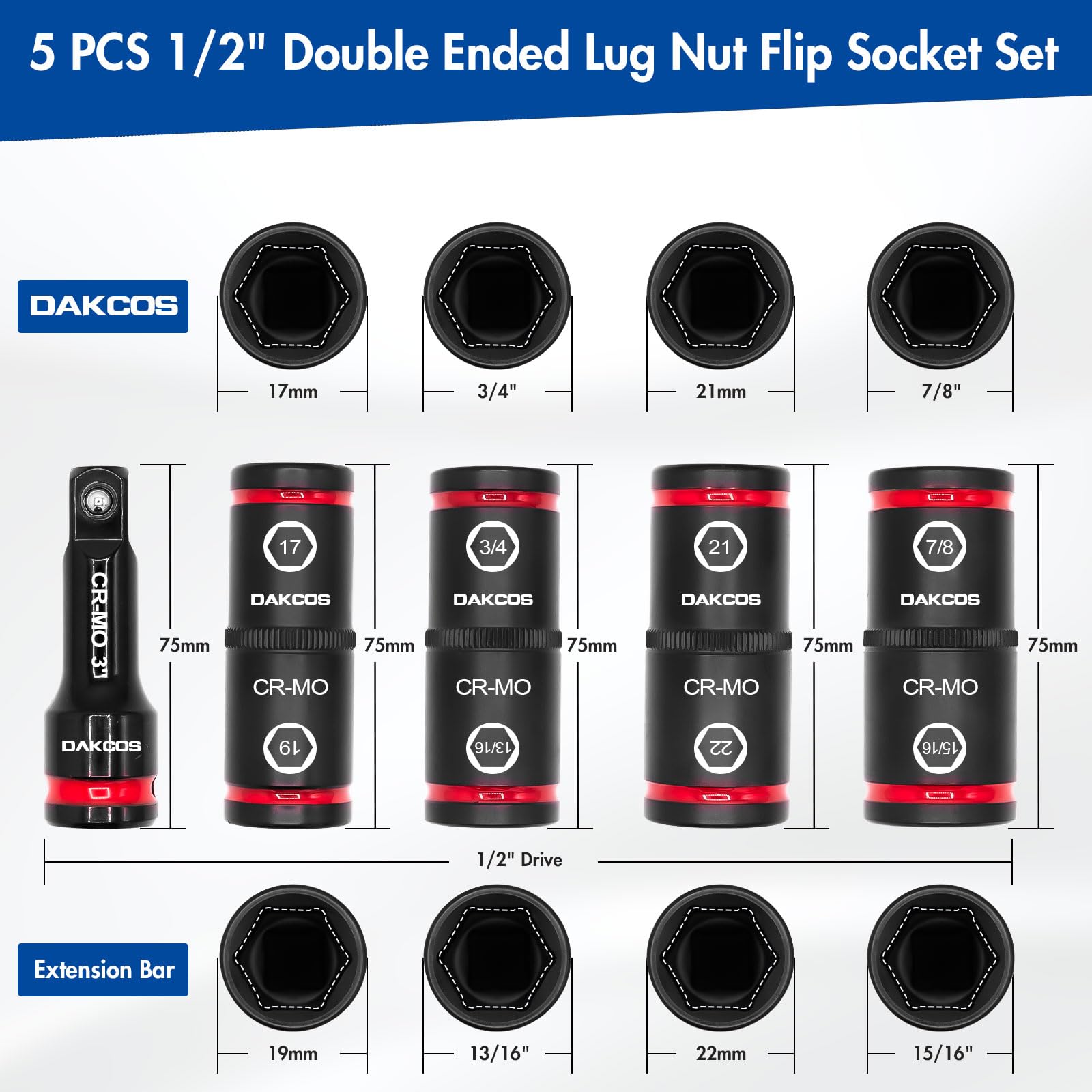 DAKCOS Set di chiavi a bussola a percussione con dado a testa doppia, con barra di estensione da 7,6 cm, sistema metrico 17-19 21-22 mm e SAE 3/4"-13/16", 7/8"-15/16", acciaio Cr-Mo