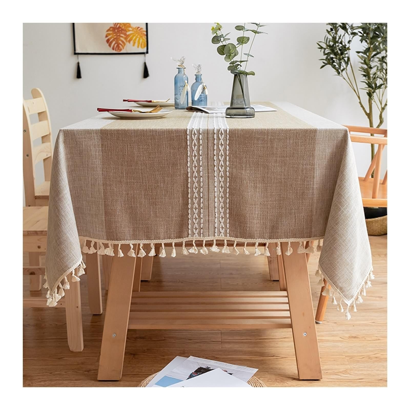 AMDXD Manteles a rayas con borlas, mantel de poliéster, mantel de jardín, duradero, resistente a los arañazos, para comedor, jardín, fiesta, bodas o hogar, 140 x 180 cm, café