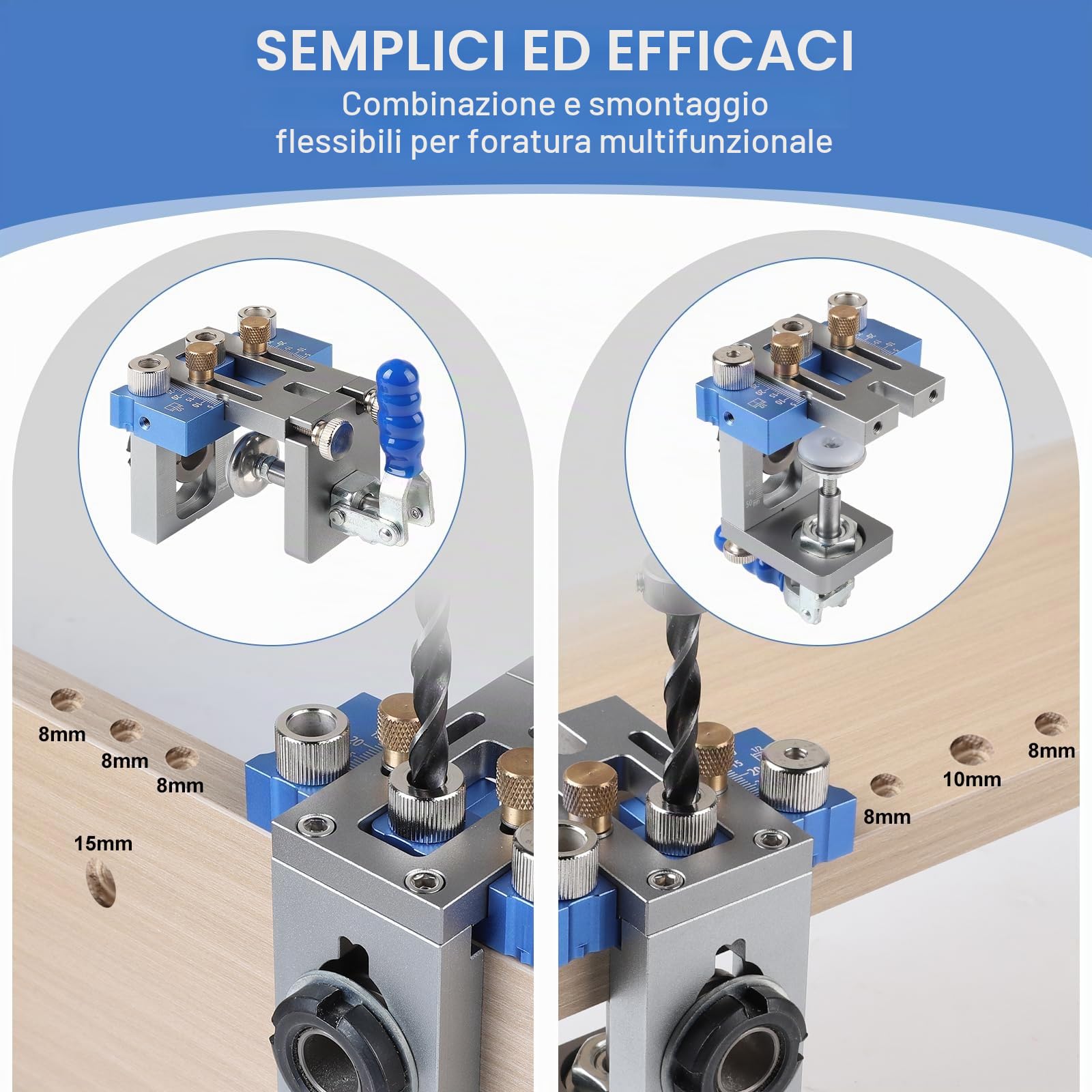 EFUTURETIME 3 in 1 Dima per Fori a Tasca, 5/8/10/15 mm Sagoma per Tasselli Regolabile, Dima di Tassellatura Verticali per Forature e Collegamenti Rapidi e Precisi, Blu
