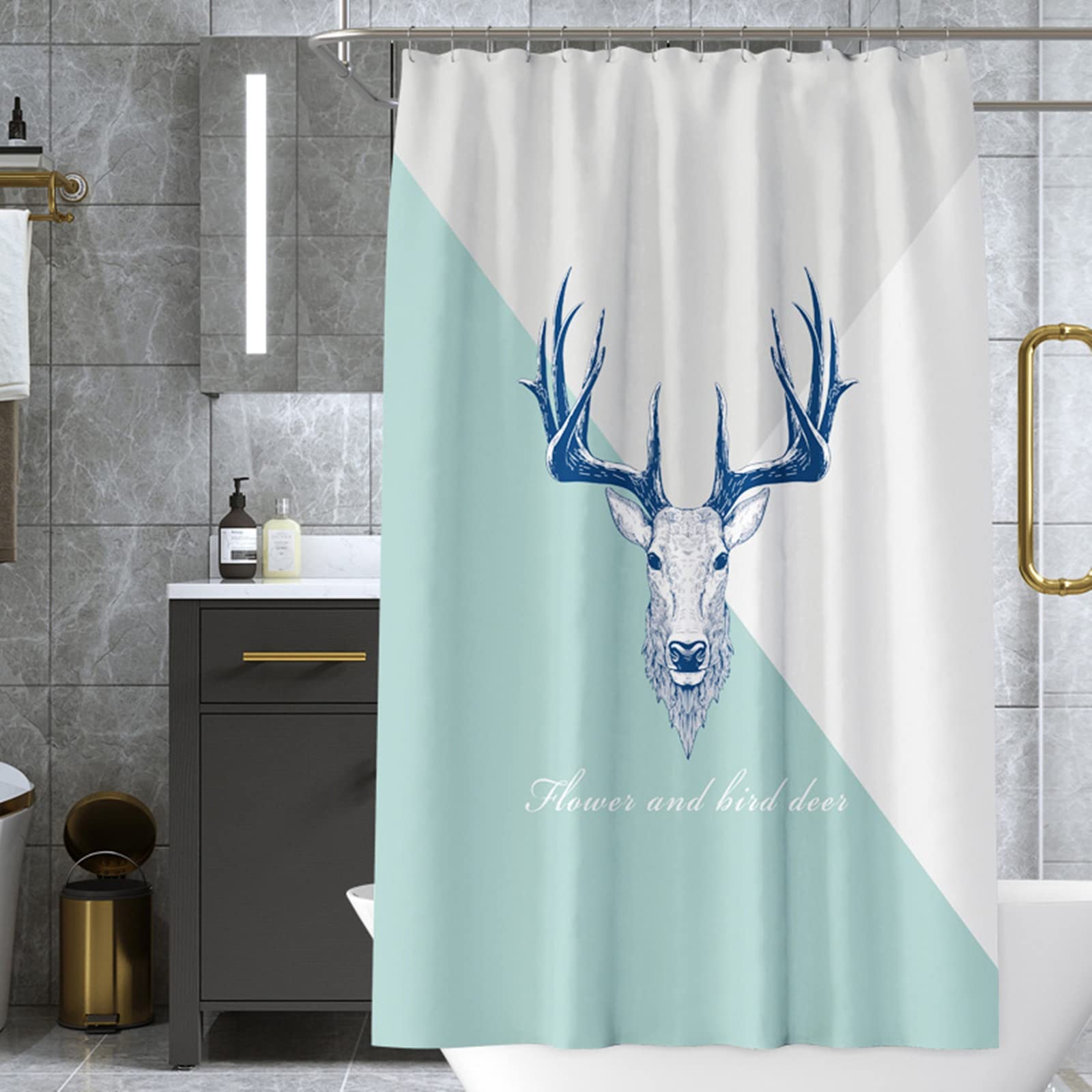 Rideau Douche Tête de Cerf 120x200cm en Polyester Anti Moisissure pour Salle de Bain