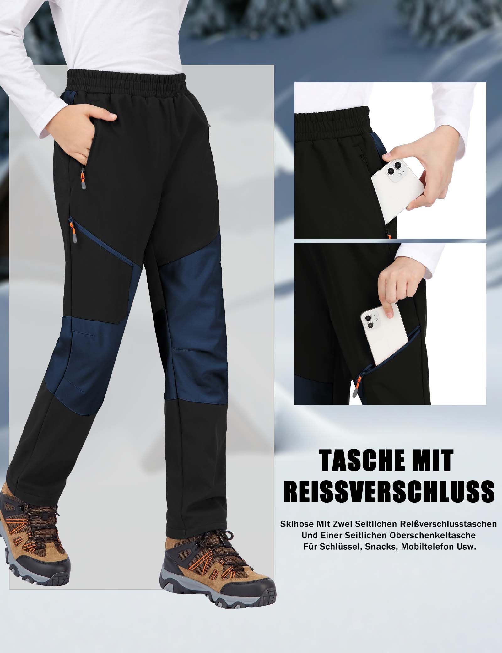 Bambini Snow Ski Pants Hiking Ragazzi Ragazze Outdoor Impermeabile Windproof Fleece Caldo Snowboard PantsBlack+Dark Blue-146-152