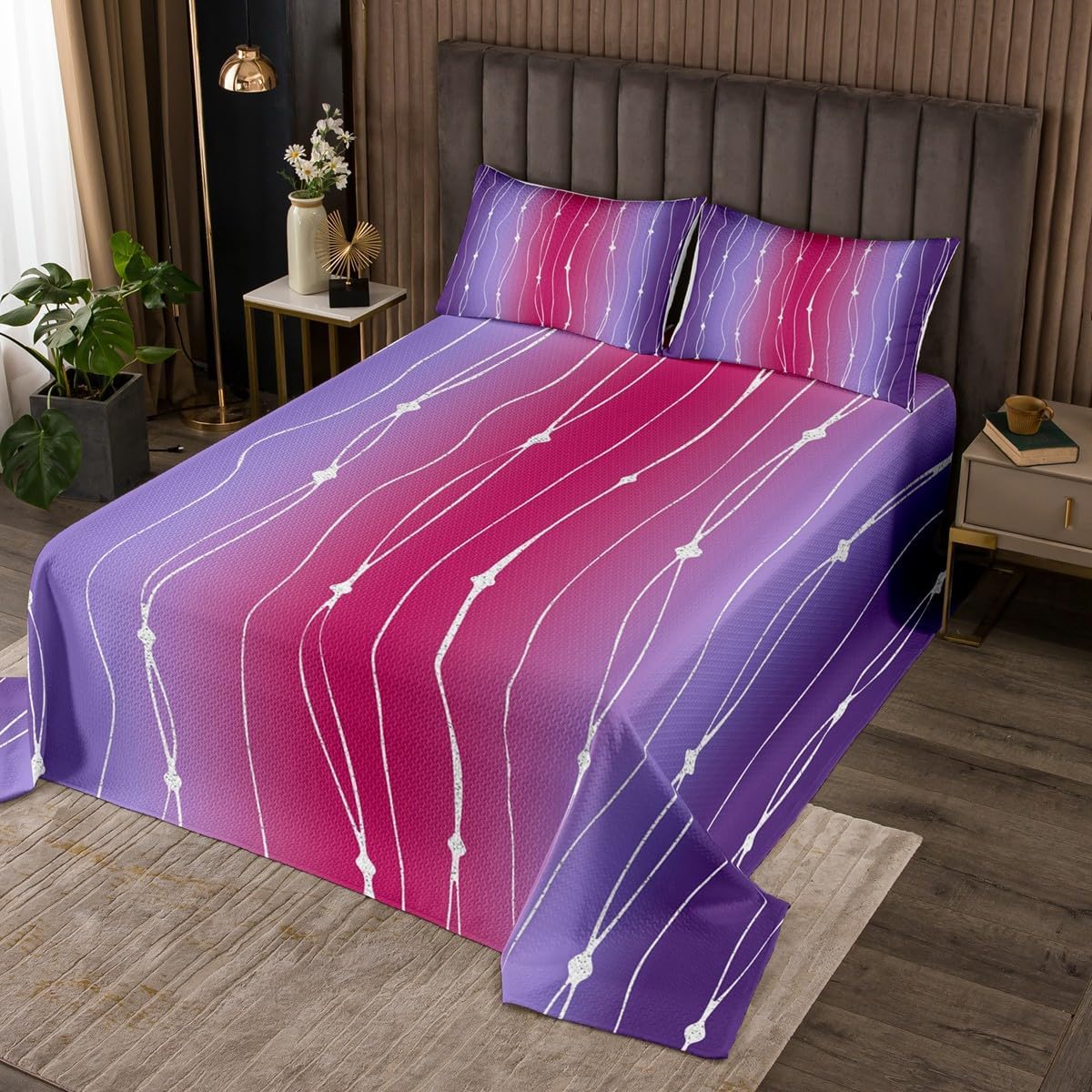 Erosebridal Purple and Pink Bedspread King Size Gradient Ombre Quilt Set, Wave Lines Dots Bedding Set Aesthetic Coverlet Set Modern Abstract Bed Cover Room Decor