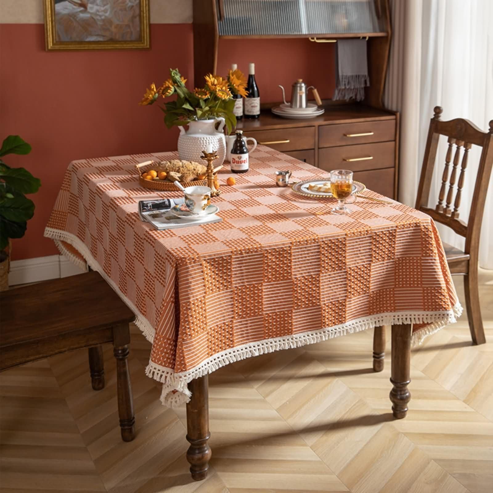 Mantel Lavable Rectangular Naranja Exterior, Bordado de Geométrico con Borlas, de Poliéster Fácil de Limpiar, 140 x 300 cm, Mantel para Mesa de Centro