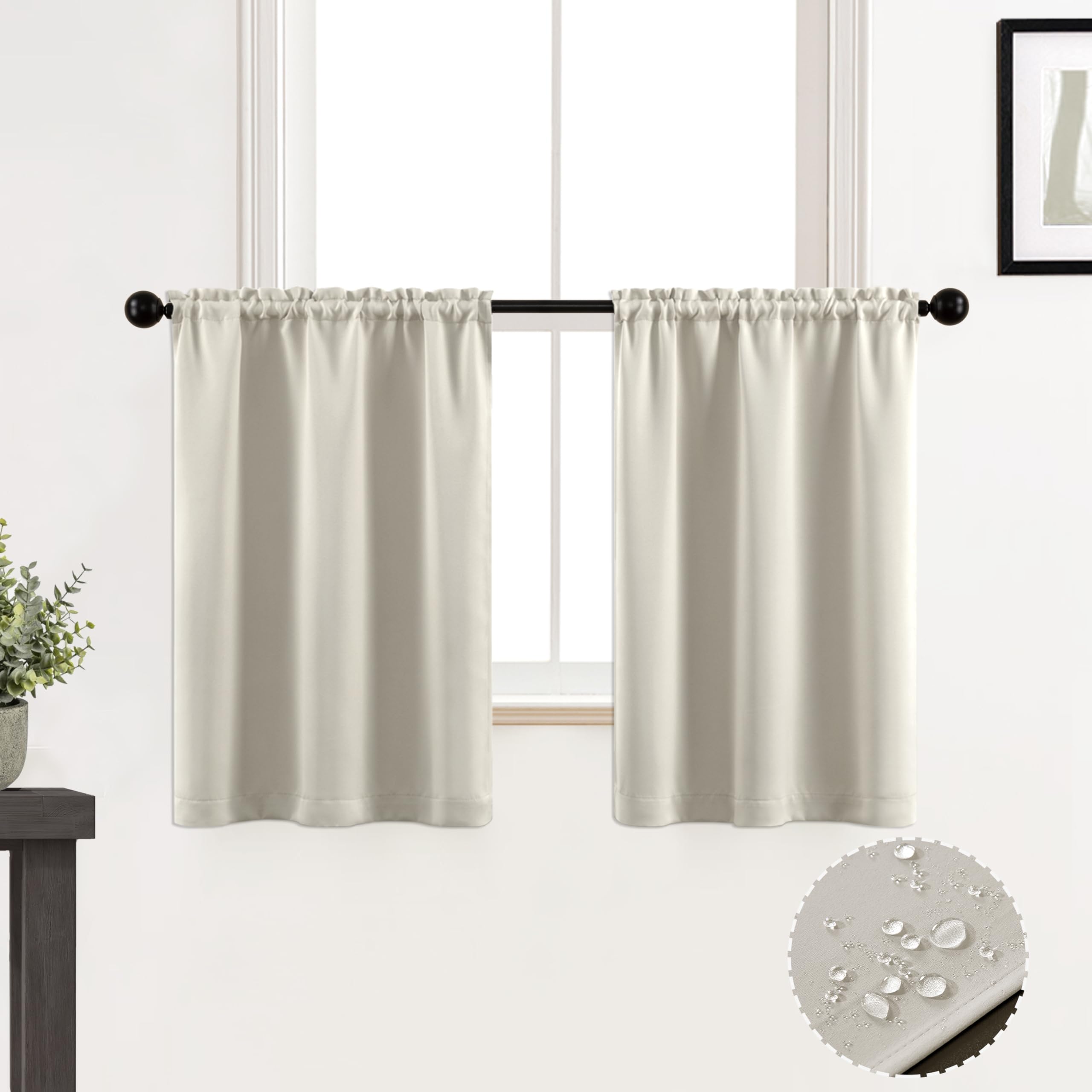 XTMYI 36 Inch Length Cafe Curtains 30 Wide Rod Pocket Waterproof Blackout Short Boho Curtains for Kitchen Window Bathroom Cream Off White Ecru