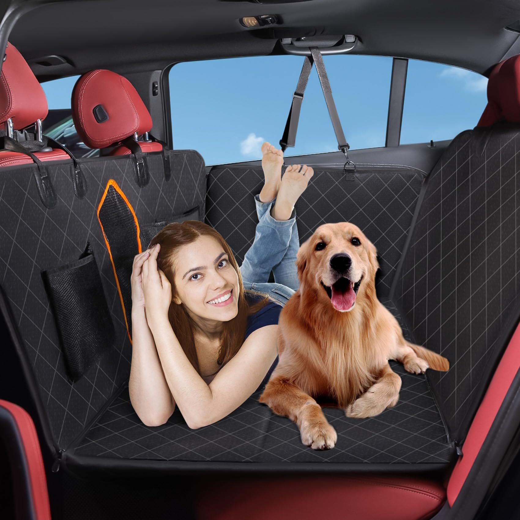 GEARGO Back Seat Extender for Dogs, Dog Car Seat Cover with Hard Bottom, Waterproof Car Seat Protector with Mesh Window and Storage Pocket, Car Hammock Travel Bed for Cars, SUV, Trucks(Large Size)