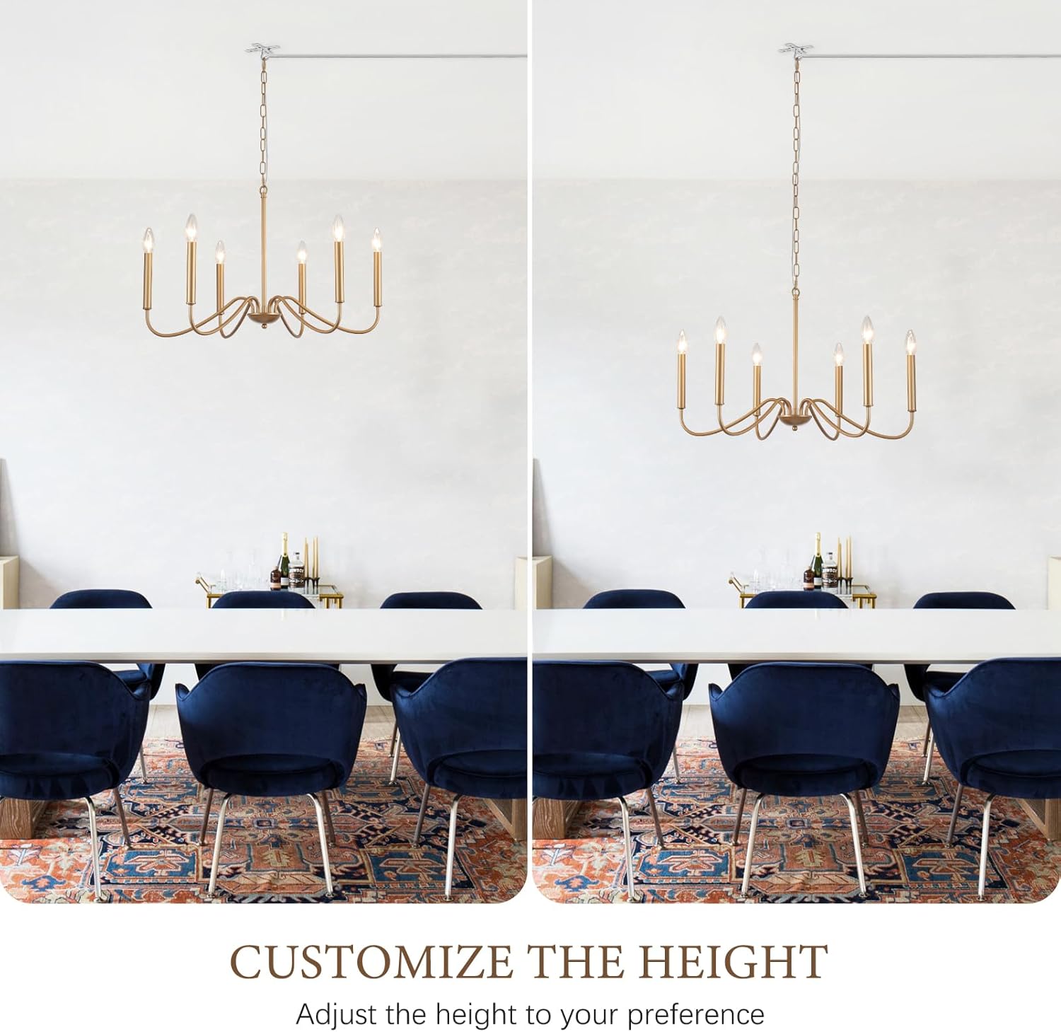 6 Light Plug in Chandelier, Pendant Light Hanging Light Fixture with Plug in Cord 15.1ft & Switch, Plug in Gold Chandeliers for Dining Room Living Room Bedroom Kitchen Island