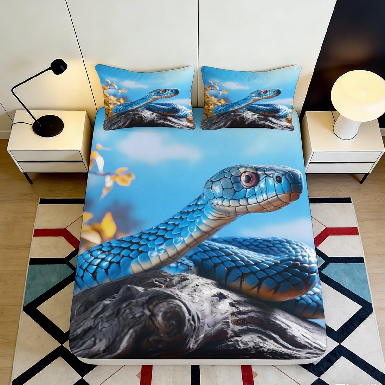 3D Printed Blue Snake Fitted Sheet Microfiber Durable Soft Bed Sheet with 3D Printed Reptile Design Mattress Cover for Bedroom Dormitory Guest Room 160x200x25cm