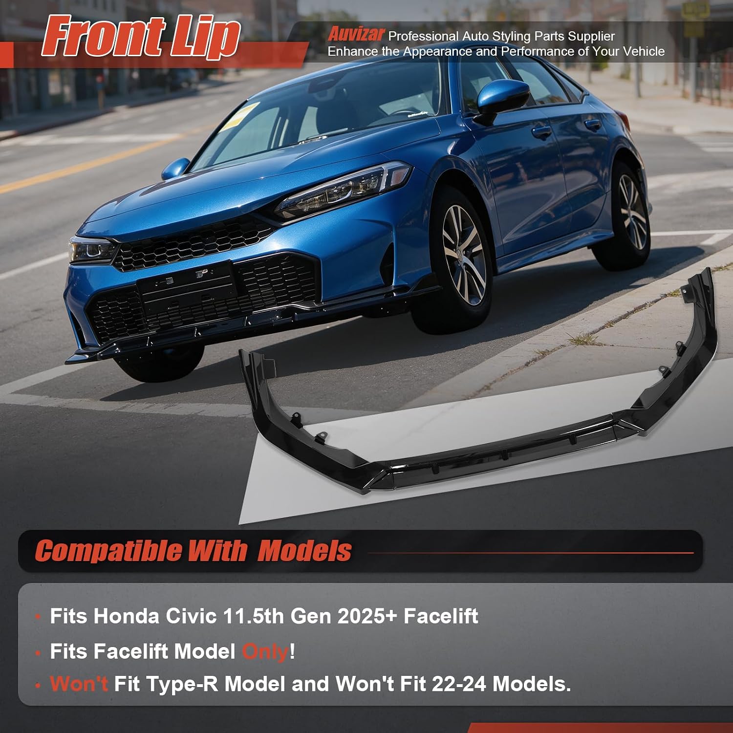 Front Bumper Lip for 2025-2026 Honda Civic Sedan Hatchback LX Sport Si Sport Touring Hybrid, Gloss Black ABS 3PCS Front Splitter Chin Spoiler