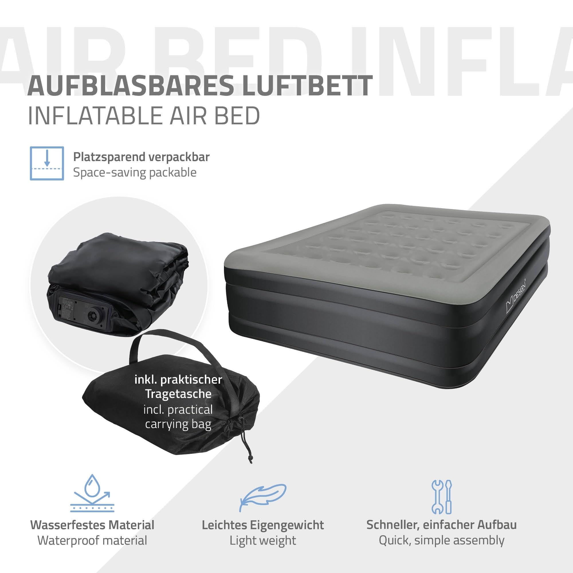 ML-Design Luftmatratze 2 Personen 203x157x47 cm Grau, TÜV Zertifiziert, Luftbett selbstaufblasend mit elektrischer Luftpumpe 230V, Aufblasbare Matratze für Camping, Gästebett Doppelbett + Tragebeutel