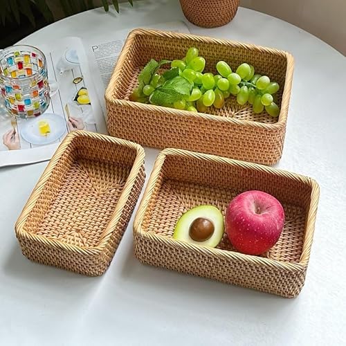 Rattan Storage Baskets, Wicker Baskets for Organizing, Hand Woven Decorative Box for Kitchen Counter, Living Room, Bathroom, Set of 3 (Rectangular) - Cosy Home Interiors Rattan Storage Baskets, Wicker Baskets for Organizing, Hand Woven Decorative Box for Kitchen Counter, Living Room, Bathroom, Set of 3 (Rectangular) - Image 4