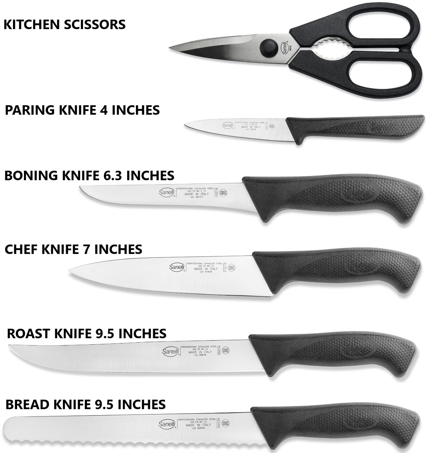 Sanelli, Ceppo in Legno di Ciliegio 5 Coltelli + 1 Forbice Manico Antiscivolo, Skin Nero