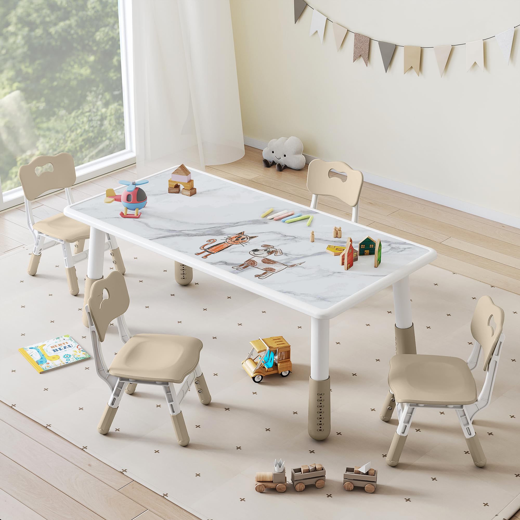 DOREROOM Toddler Table and 4 Chairs Set, Height Adjustable Kids Table and Chairs, 47.2''L x 23.6''W, Marble Pattern & Graffiti Desktop, Children