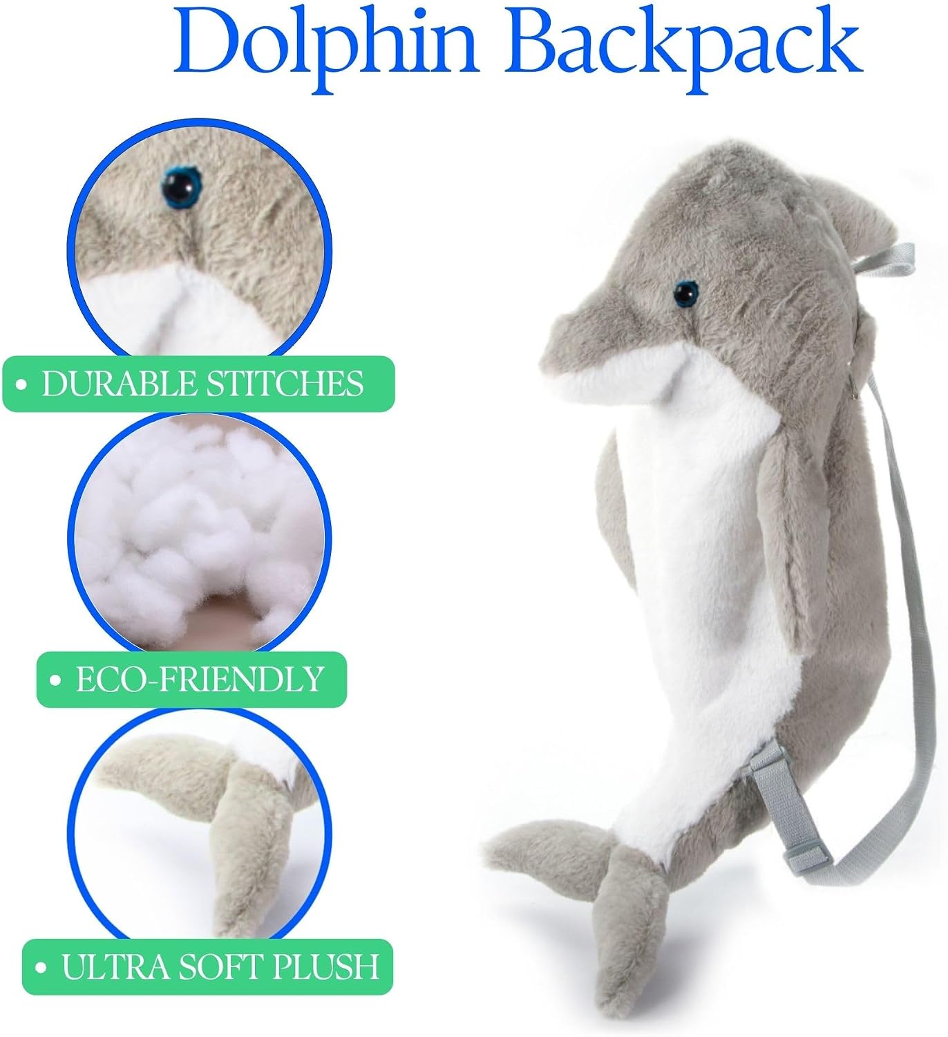 The Petting Zoo Dolphin Stuffed Animal Plushie Backpack, Gifts for Kids, Sealife Animal Toy, Grey Dolphin Plush Toy Book Bag, 20 inches