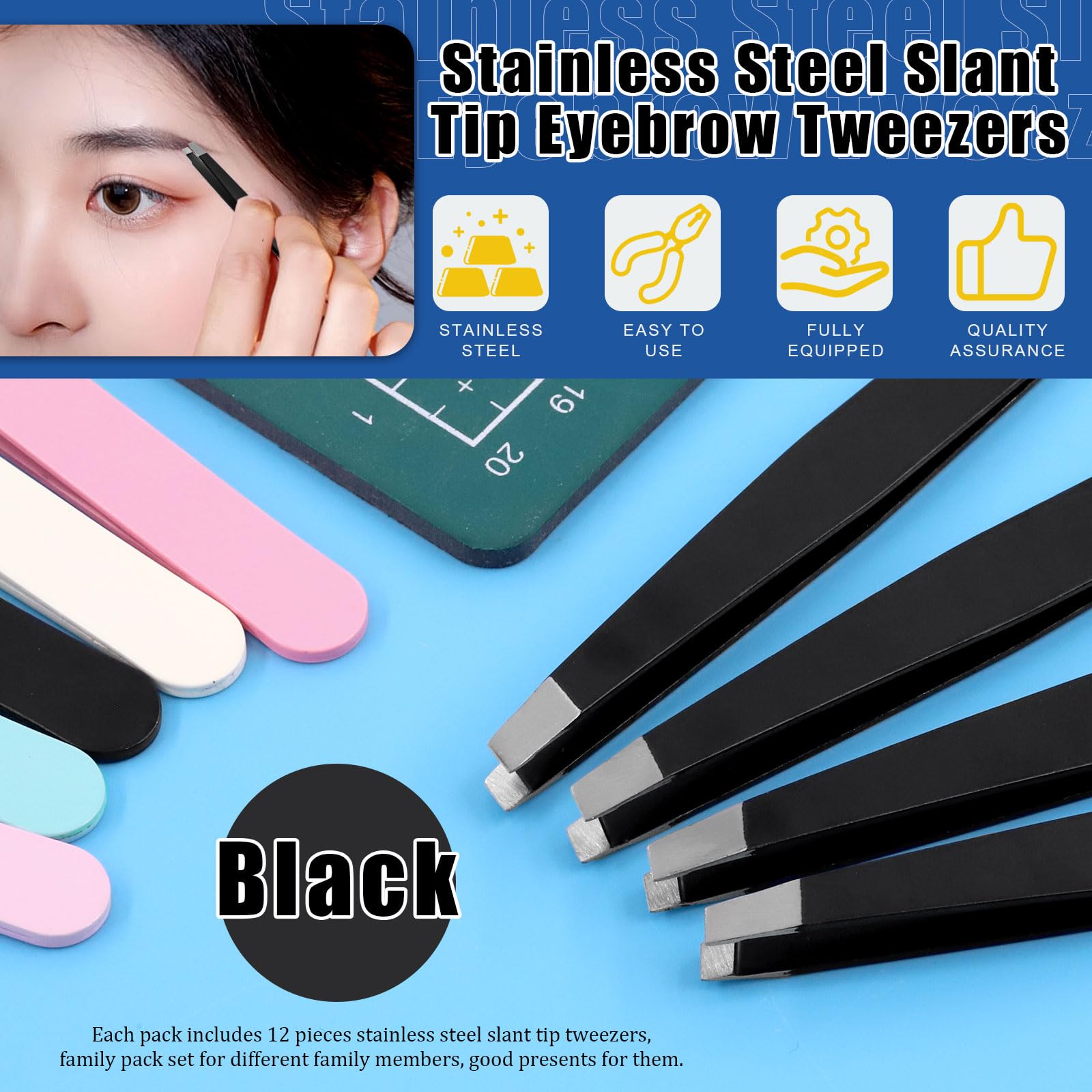 GLARKS 12Pcs Black Eyebrow Tweezers, Stainless Steel Slanted Tip, Professional Facial Hair Eyebrow Precision Tweezers for Men and Women - Image 3