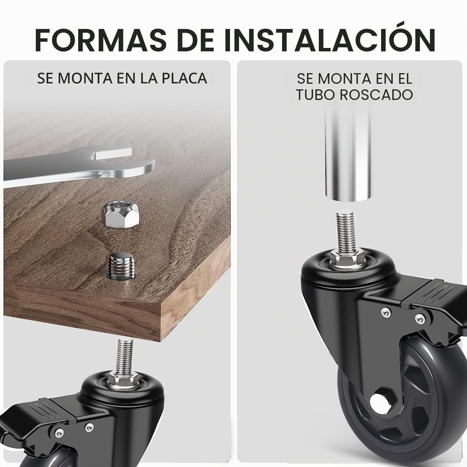 Ruedas para Muebles con Pasador Roscado 10 mm x 30 mm, Lote de 4 Pivotantes 75MM con Freno Hasta 400kg, Giratorias Industriales 360°, PU No Dejan Marcas
