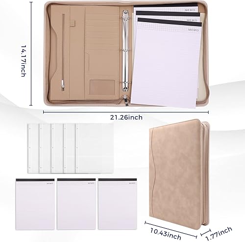 Miniatura 4 de Sbrinnaliao Carpeta organizadora de portafolios de 3 anillas, carpeta de piel sintética, agenda de negocios, cuaderno con cremallera para