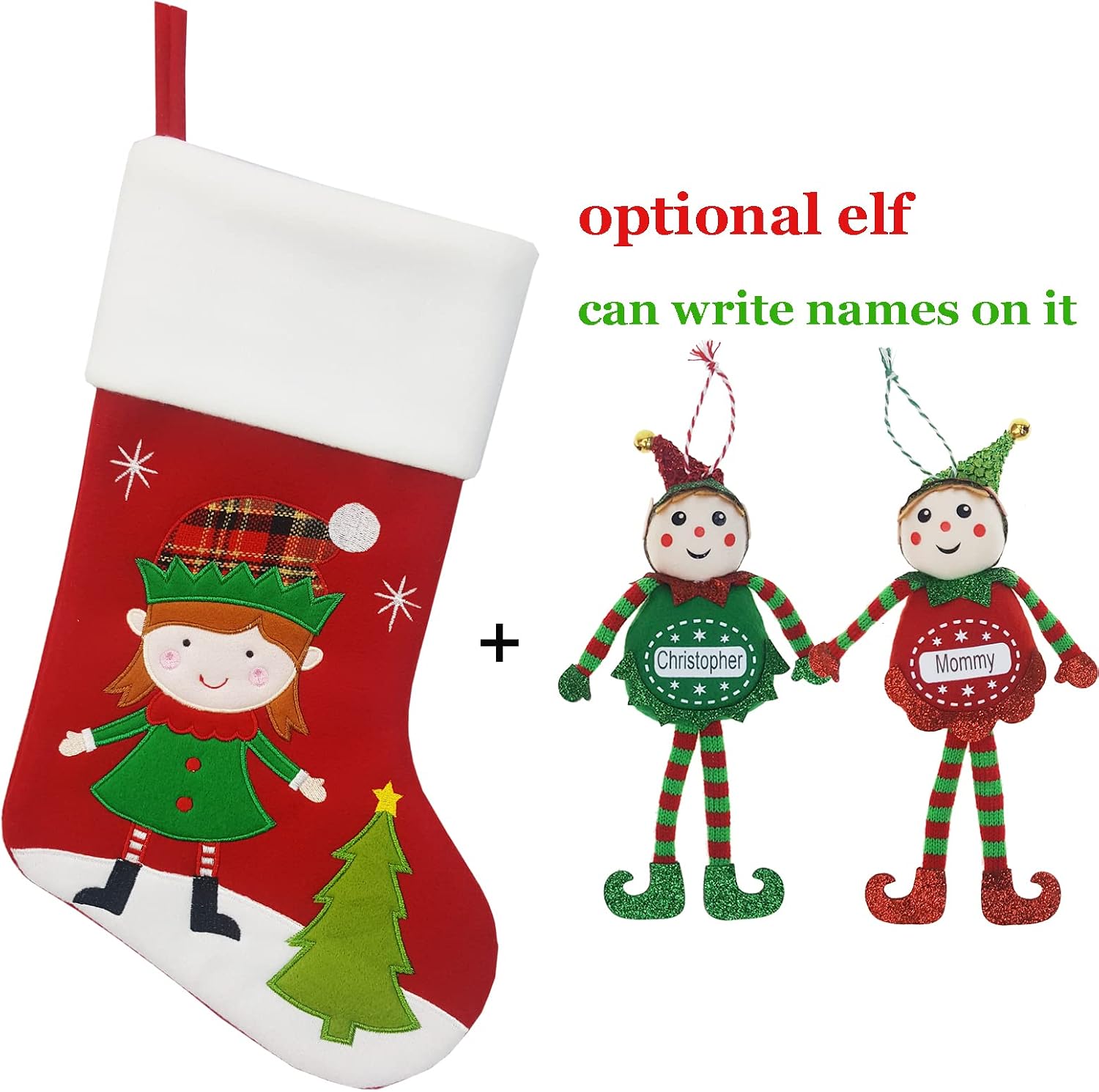 18" Lovely Personalized Christmas Stocking Customized Stocking Embroidery Name on Stocking Very Thick Fleece Material (Elf Girl Design)