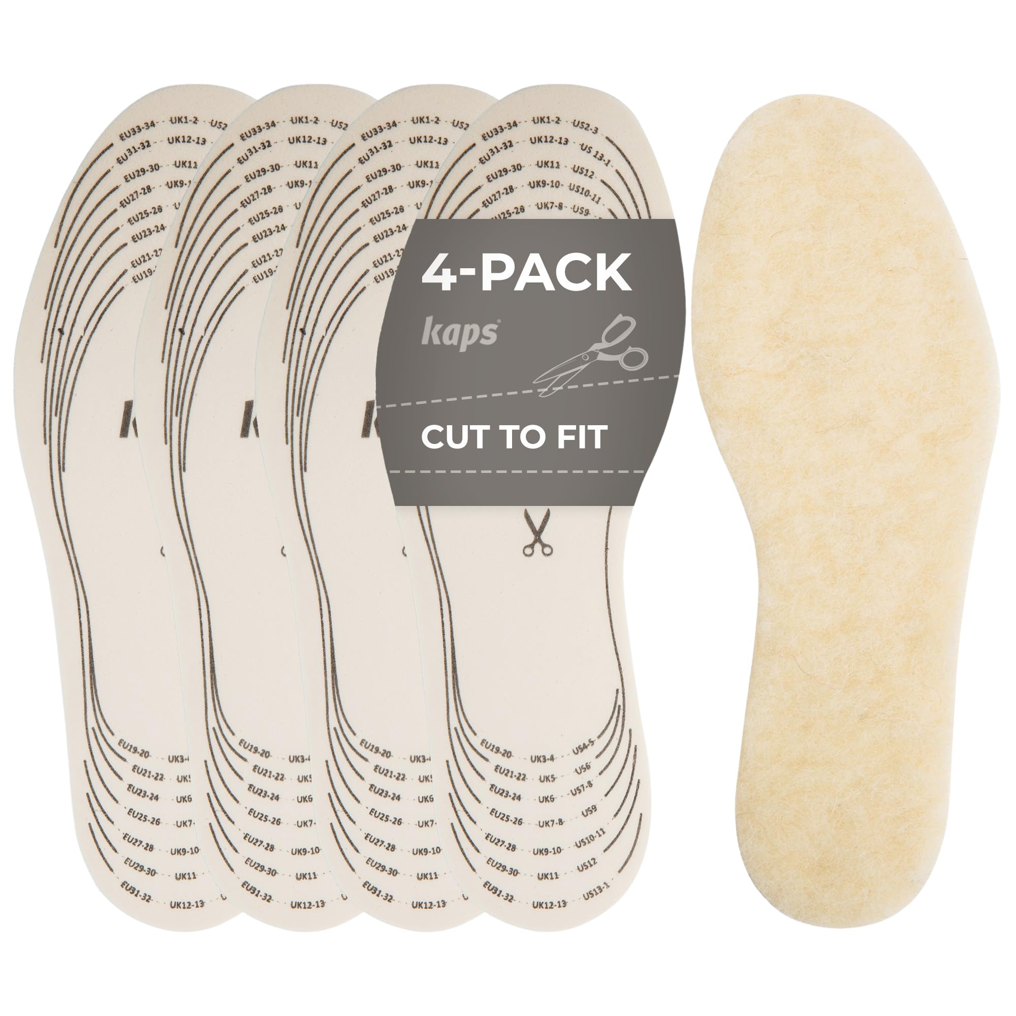 Kaps Winter Shoe Insoles for Kids, 4 Pairs of Cut to Size Sheep Wool Inserts for Kids Shoes and Boots, Warm and Soft, 4 Pair Pack