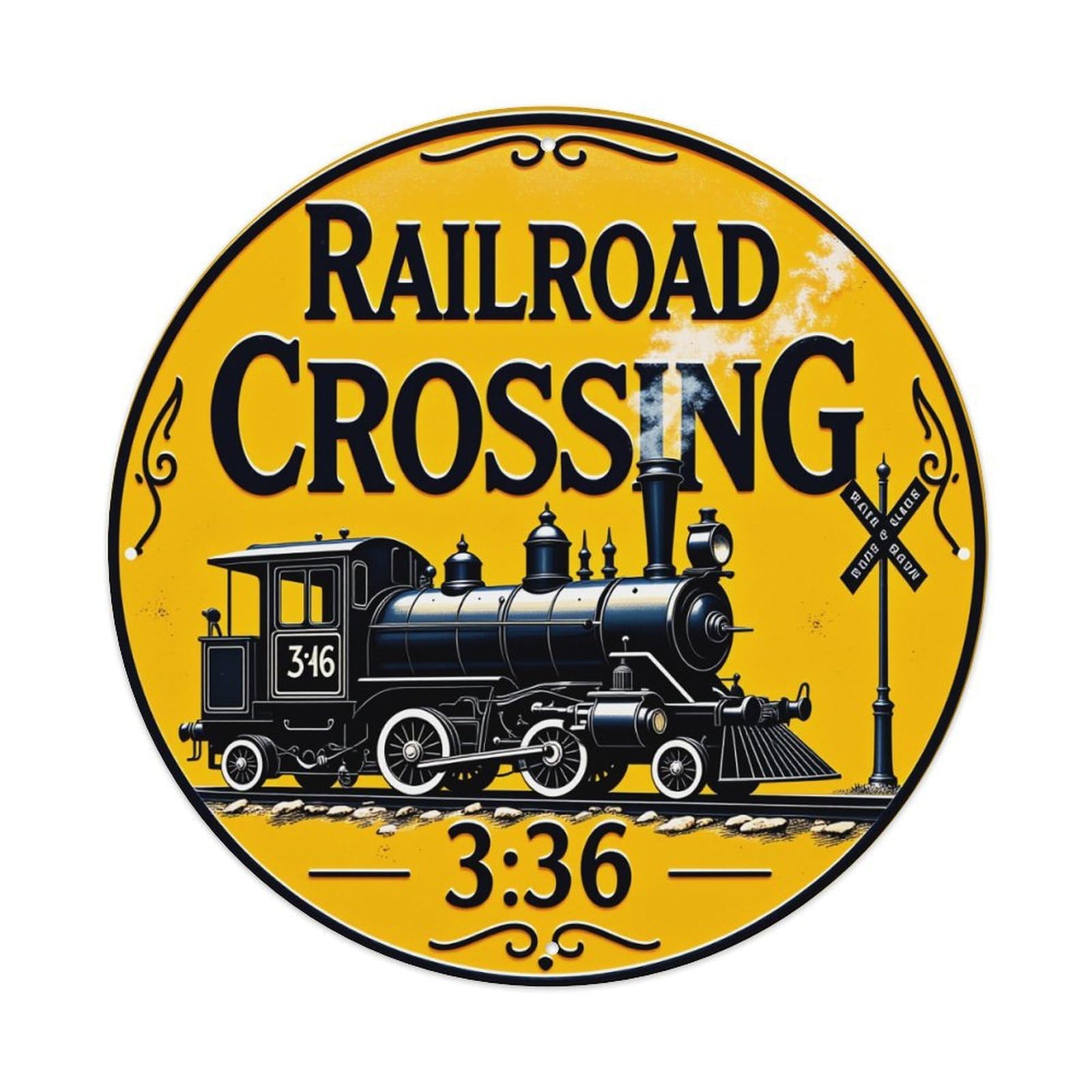 Railroad Crossing Train Sign Art Round Tin Sign Retro Metal Sign for Cafe Bar Pub Home Game Room Gym Club Wall Decoration Vintage Metal Poster 8x8 Inch