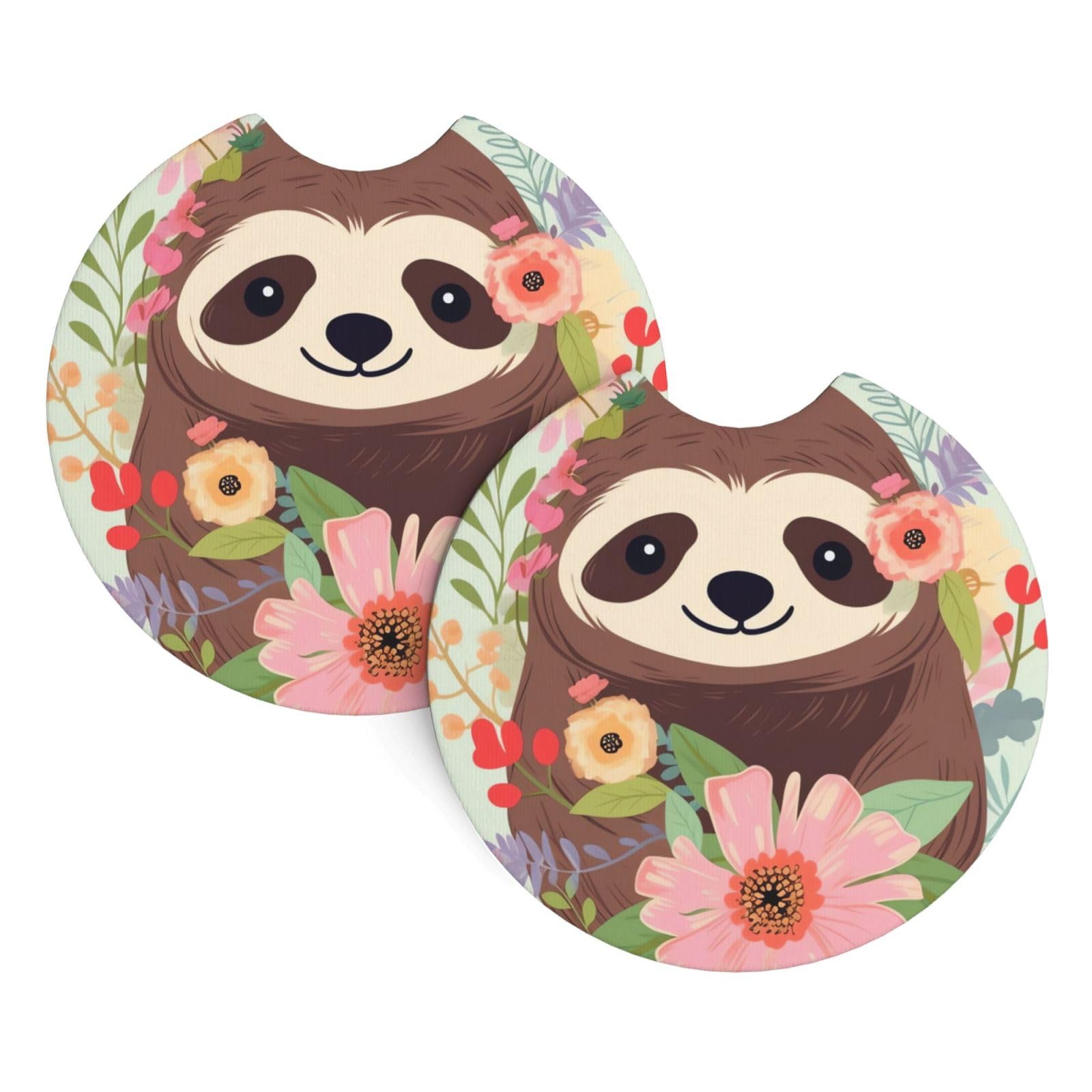 2PCS Car Coaster for Cup Holders Universal Auto Cup Mat Sloth and Flowers Cup Coaster Pad 2.7" Waterproof Neoprene Non-Slip Cup Holder Coasters Car Interior Accessories for Women Men