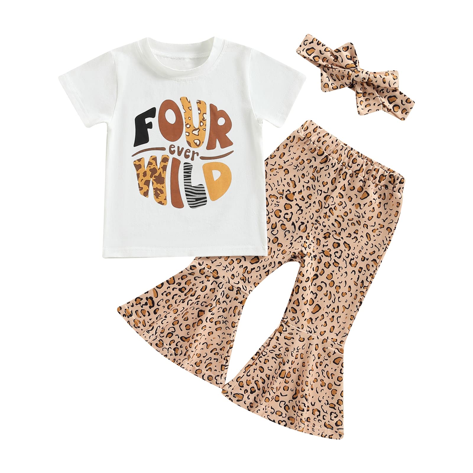 Toddler Baby Girl Birthday Outfit 4th Four Ever Wild Shirts Leopard Bell Bottoms 4 Year Old Birthday Outfit Girl