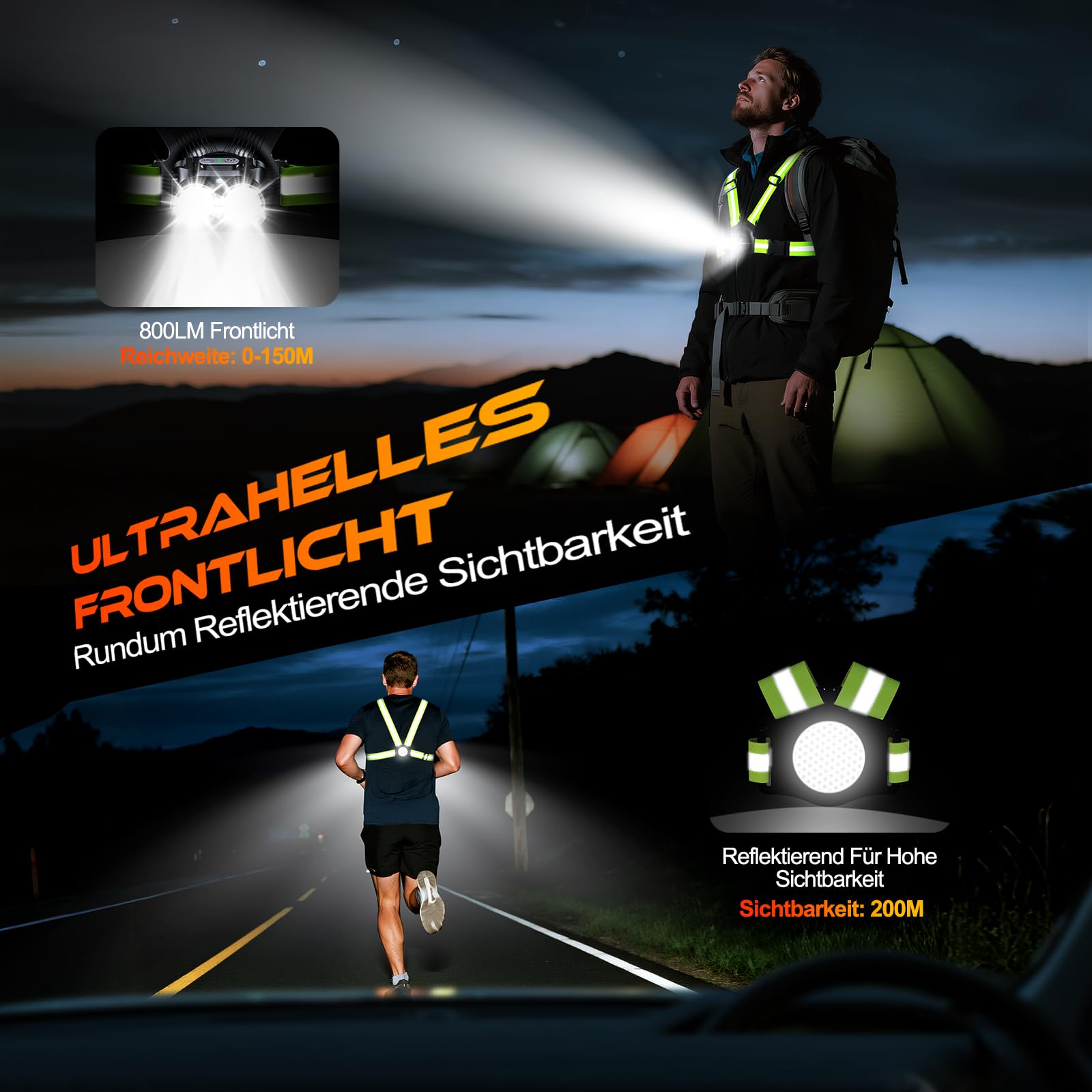 ISEYOU Lauflampe Joggen, 800 Lumen Brustlampe Lauflicht, 6 Modi, 45° neigbar, IPX5, USB-C wiederaufladbar, 4-25 Std. Laufzeit, 360° Reflexgurte – für Camping/Nachtlauf/Radfahren/Spazieren