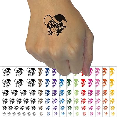 Adorable Anime Witch Girl with Hat Halloween Temporary Tattoo Water Resistant Fake Body Art Set Collection - Brown (One Sheet)