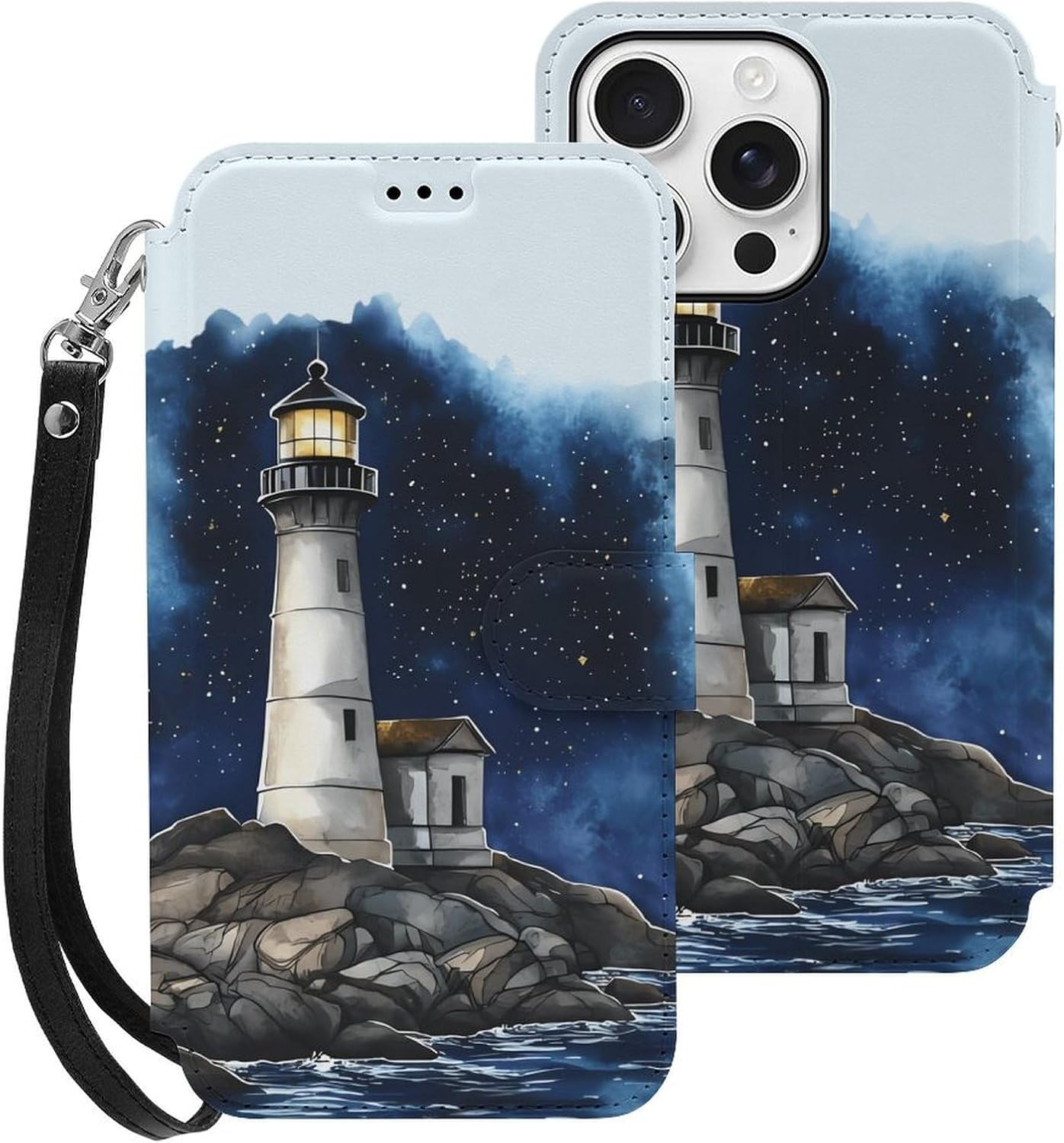 Lighthouse Starry Sky Compatible with iPhone 16/16 Plus/16 Pro/16 Pro Max/16 E Case Phone Wallet Card Holder Flip Cover with Wrist Strap