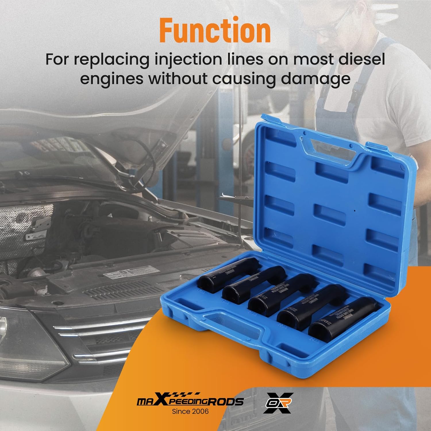 maXpeedingrods 5Pcs 12090 Fuel Line Socket Set, 3/8" Drive Ratchet Fuel Injection Flare Nut Socket 17mm 19mm 21mm 22mm 24mm, for Audi VW BMW Ford Cummins Engines