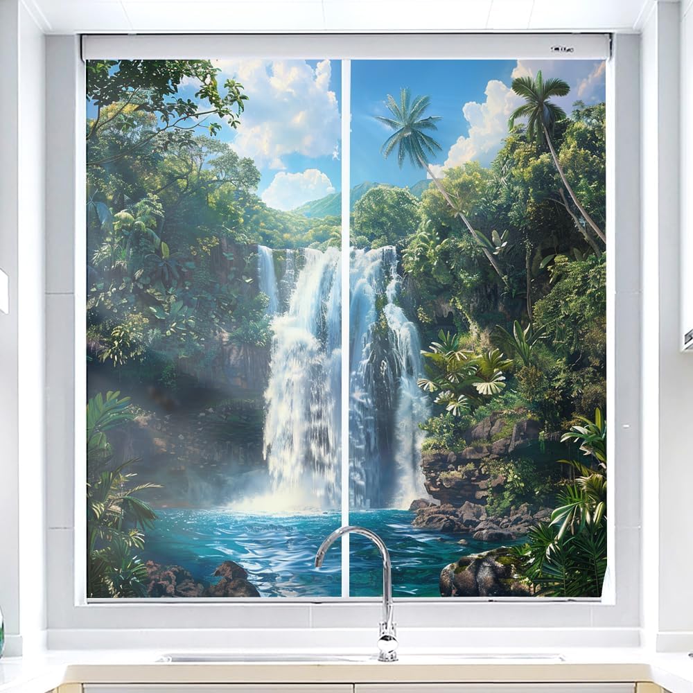 Modern Waterfall Stained Glass Window Film, Rustic Forest Plants Beautiful River Peel and Stick Frosted Privacy Film, Adhesive Vinyl Decorative Bathroom Windows Glass Doors, 15.7Wx23.6L inch x2 Pcs